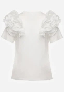 Biały T-shirt z Bawełny Ozdobiony Bufiastymi Falbankami Kandrra