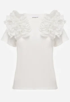 Biały T-shirt z Bawełny Ozdobiony Bufiastymi Falbankami Kandrra