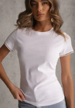 Biały T-shirt z Bawełny Ozdobiony Cyrkoniami Kallochis