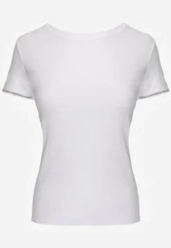 Biały T-shirt z Bawełny Ozdobiony Cyrkoniami Kallochis