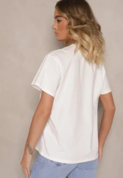 Biały T-shirt z Bawełny Ozdobiony Perełkami i Napisem Naloreth