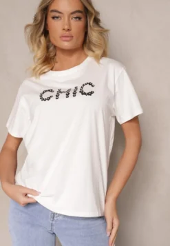Biały T-shirt z Bawełny Ozdobiony Perełkami i Napisem Naloreth