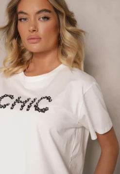 Biały T-shirt z Bawełny Ozdobiony Perełkami i Napisem Naloreth