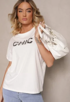 Biały T-shirt z Bawełny Ozdobiony Perełkami i Napisem Naloreth