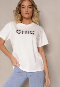 Biały T-shirt z Bawełny Ozdobiony Perełkami i Napisem Naloreth