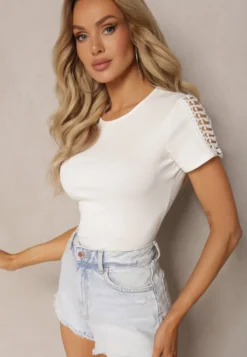 Biały T-shirt z Bawełny Ozdobiony Ażurową Koronką Sarille