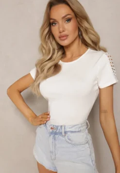 Biały T-shirt z Bawełny Ozdobiony Ażurową Koronką Sarille