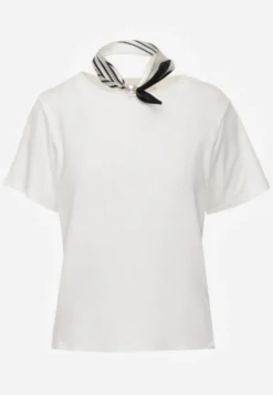 Biały T-shirt z Bawełny Ozdobiony Apaszką z Satyny Willow