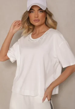 Biały T-shirt z Bawełny z Cyrkoniami Fadeola