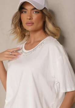 Biały T-shirt z Bawełny z Cyrkoniami Fadeola