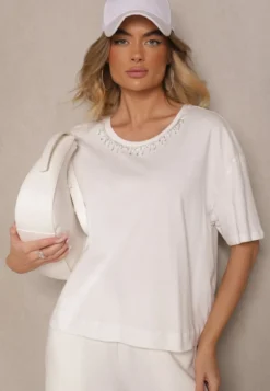 Biały T-shirt z Bawełny z Cyrkoniami Fadeola