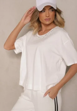 Biały T-shirt z Bawełny z Cyrkoniami Fadeola