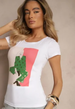 Biały T-shirt z Bawełny Zdobiony Nadrukiem Aizana