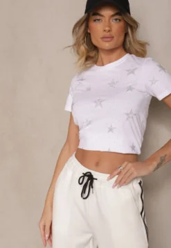 Biały T-shirt z Bawełny Zdobiony Gwiazdkami z Cyrkonii Tenenisa