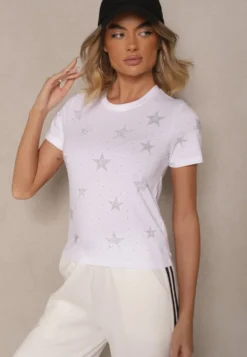 Biały T-shirt z Bawełny Zdobiony Gwiazdkami z Cyrkonii Tenenisa