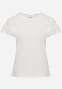 Biały T-shirt z Bawełny z Rękawami z Koronki Hycis