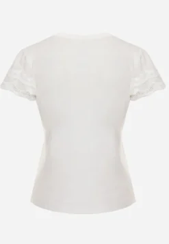 Biały T-shirt z Bawełny z Rękawami z Koronki Hycis