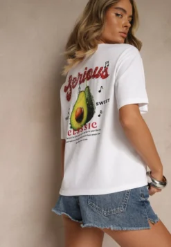 Biały T-shirt z Bawełną ze Wzorem Awokado Tilannia