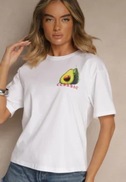 Biały T-shirt z Bawełną ze Wzorem Awokado Tilannia