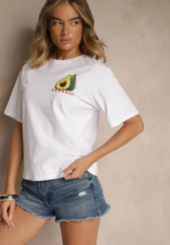 Biały T-shirt z Bawełną ze Wzorem Awokado Tilannia