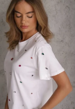 Biały T-shirt z Cyrkoniami w Różnych Kolorach Varcia