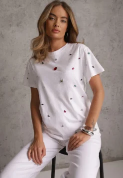 Biały T-shirt z Cyrkoniami w Różnych Kolorach Varcia