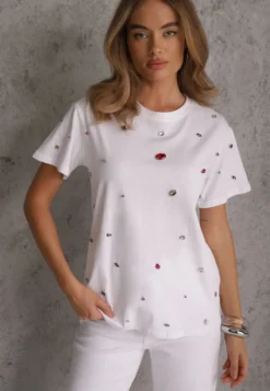 Biały T-shirt z Cyrkoniami w Różnych Kolorach Varcia