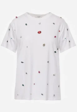 Biały T-shirt z Cyrkoniami w Różnych Kolorach Varcia