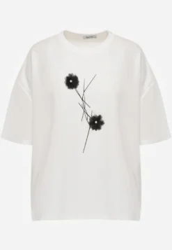 Biały Wiskozowy T-shirt Ozdobiony Kwiatami i Perełkami Muvine