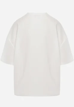 Biały Wiskozowy T-shirt Ozdobiony Kwiatami i Perełkami Muvine