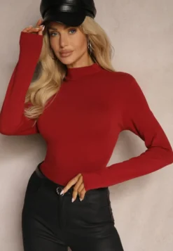 Bordowa Bawełniana Bluzka Typu Longsleeve z Półgolfem Riata