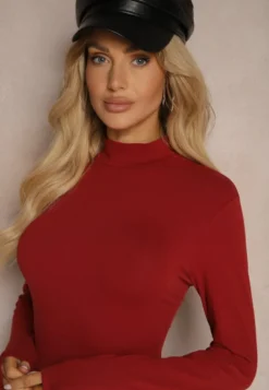 Bordowa Bawełniana Bluzka Typu Longsleeve z Półgolfem Riata