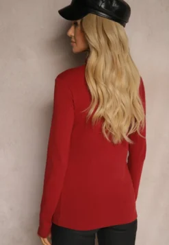 Bordowa Bawełniana Bluzka Typu Longsleeve z Półgolfem Riata
