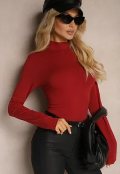 Bordowa Bawełniana Bluzka Typu Longsleeve z Półgolfem Riata