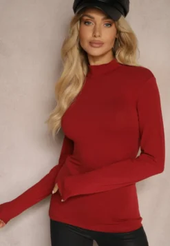 Bordowa Bawełniana Bluzka Typu Longsleeve z Półgolfem Riata