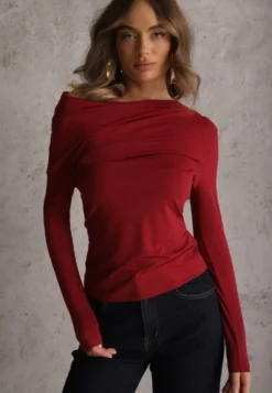 Bordowa Bluzka Longsleeve Vices z Asymetrycznym Dekoltem Fertie