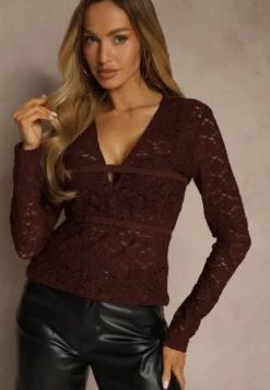 Bordowa Bluzka Longsleeve z Koronki z Dekoltem w Kształcie Litery V Lerafera