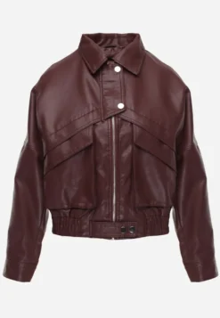 Bordowa Kurtka Przejściowa Ramoneska w Stylu Bomber Jacket z Kołnierzykiem Rajvia