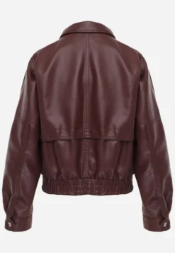 Bordowa Kurtka Przejściowa Ramoneska w Stylu Bomber Jacket z Kołnierzykiem Rajvia