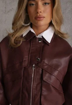 Bordowa Kurtka Przejściowa Ramoneska w Stylu Bomber Jacket z Kołnierzykiem Rajvia