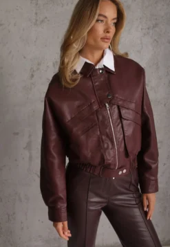Bordowa Kurtka Przejściowa Ramoneska w Stylu Bomber Jacket z Kołnierzykiem Rajvia