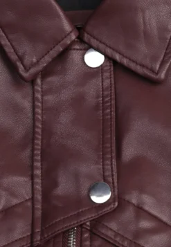 Bordowa Kurtka Przejściowa Ramoneska w Stylu Bomber Jacket z Kołnierzykiem Rajvia