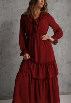 Bordowa Rozkloszowana Sukienka VICES z Falbanami i Transparentnymi Rękawami Aruvite