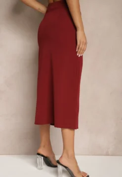 Bordowa Spódnica Ołówkowa z Wiskozą High Waist z Rozcięciem Semivinia