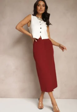 Bordowa Spódnica Ołówkowa z Wiskozą High Waist z Rozcięciem Semivinia