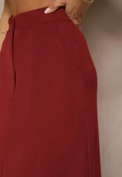 Bordowa Spódnica Ołówkowa z Wiskozą High Waist z Rozcięciem Semivinia