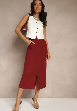 Bordowa Spódnica Ołówkowa z Wiskozą High Waist z Rozcięciem Semivinia