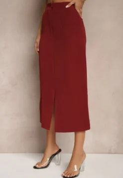Bordowa Spódnica Ołówkowa z Wiskozą High Waist z Rozcięciem Semivinia