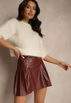 Bordowa Spódnica z Bawełną High Waist z Imitacji Skóry z Napami Tillaria