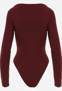 Bordowe Body Longsleeve z Dużą Zawartością Wiskozy i Ozdobną Koronką przy Dekolcie Serendelle